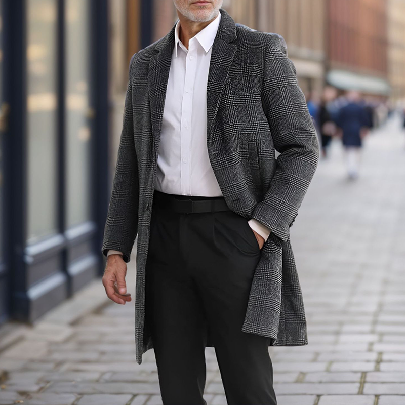 Men's Warm Plaid Lapel Fitted Trench Coat